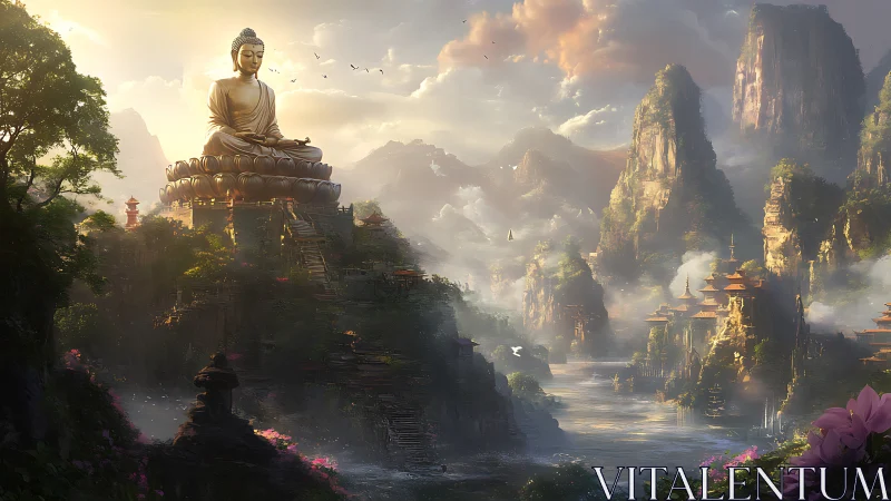 Golden Buddha overlooks misty valley of tranquil temples