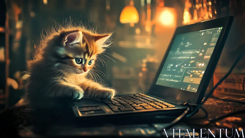 Tabby Kitten Engaged with Laptop Display in Nocturnal Urban Setting.