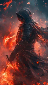Inferno-clad rogue strides through embers of a fallen realm.