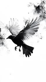 Ink-splashed crow erupts through stark white negative space.