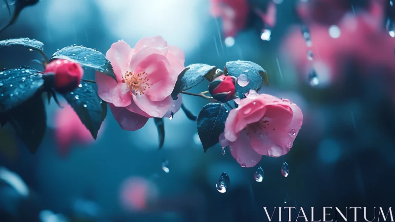 Pink Rose Blooms With Prismatic Water Droplets Against Teal Bokeh Background