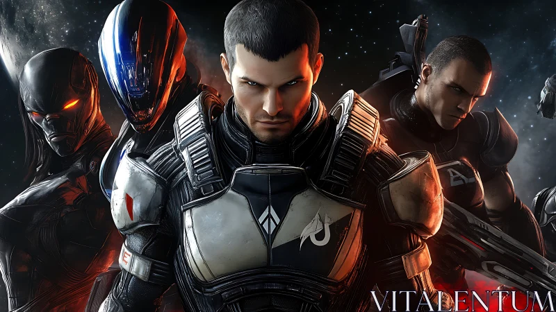 Armored tactical squad in deep-space combat formation.