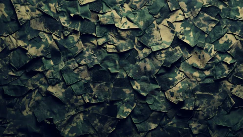 Layered digital camouflage tessellation with frayed textile edges.