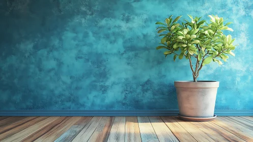 Potted indoor shrub against textured teal wall in soft light