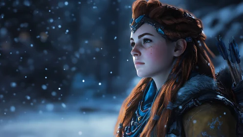 Fiery haired huntress gazing ahead in falling snowstorm.