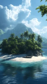 Tropical Island Paradise Beneath Soaring Mountain Peak.