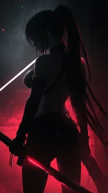 Silhouetted cyber kunoichi wielding glowing crimson katana.