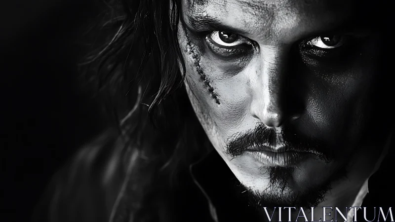 Brooding scarred man in stark monochrome close-up portrait.