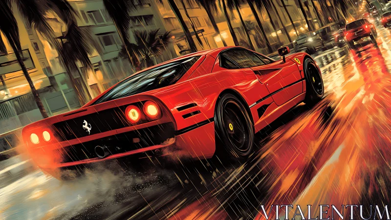 Red sports car on wet neon city street at night.