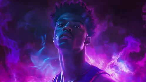 Neon-lit athlete portrait in magenta cyan atmospheric smoke glow