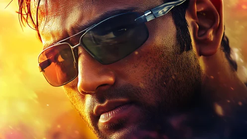 Intense male portrait with mirrored sunglasses, golden bokeh glow