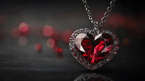 Red heart gemstone pendant on chain in dark close-up shot.