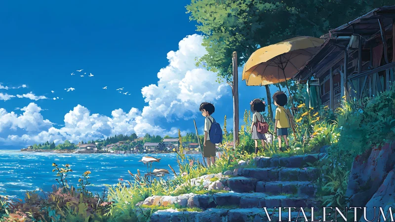 Children on stone path overlooking coastal summer town.