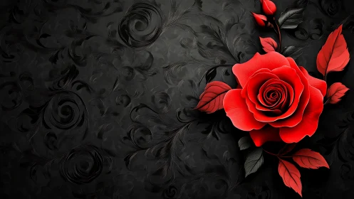 Crimson Rose Against Ornamental Black Baroque Scrollwork Background