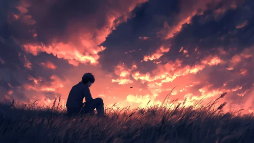 Solitary figure in tall grass beneath dense sunset sky.