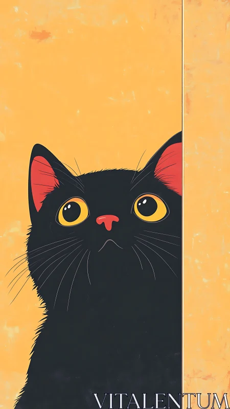 Black Cat with Golden Eyes Peeking Around Corner.