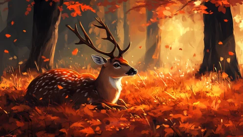 Male deer resting on leaf-covered autumn forest floor.