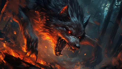 Infernal wolf lunges through burning forest battlefield.