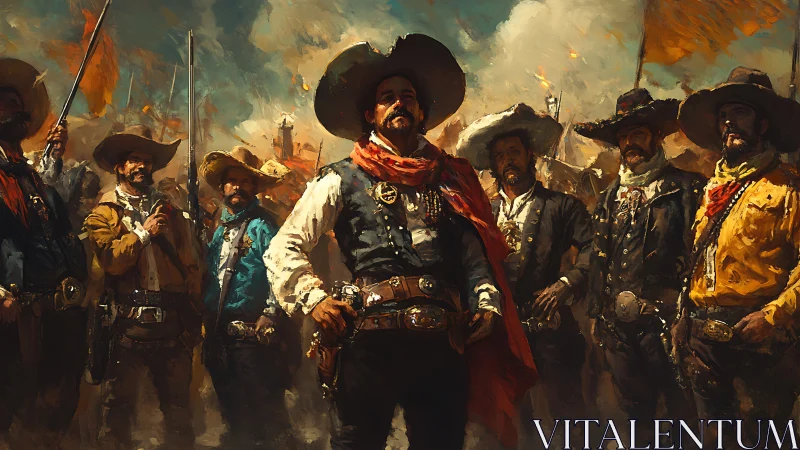 Heroic vaqueros assemble under stormy skies in painterly style