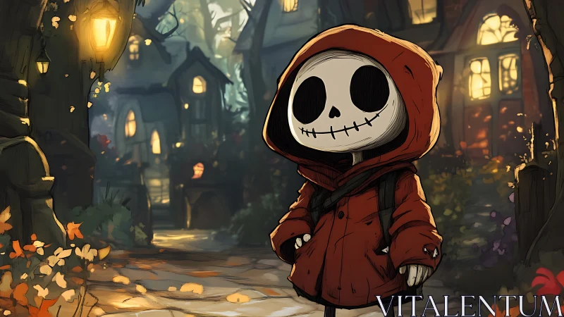 Hooded skeleton wanderer strolls through glowing forest town.