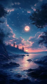 Lunar-illuminated coastal inlet with reflective water and volumetric clouds