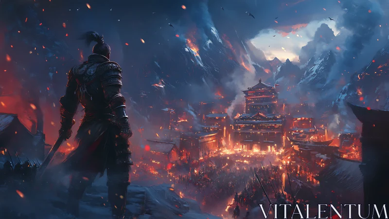 Armored warrior observing burning fortress in mountain valley.