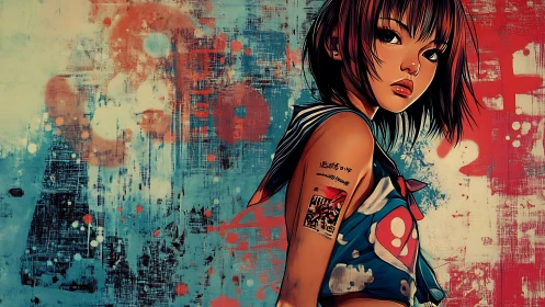 Urban graffiti muse with bold tattooed street aesthetic.