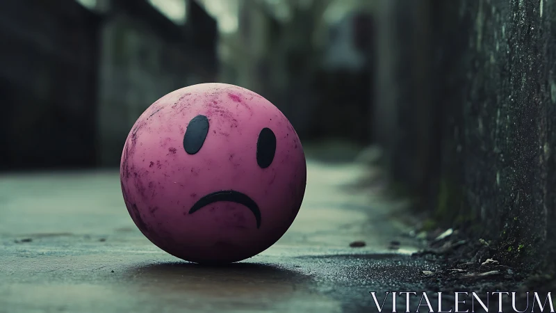Sad pink ball rests abandoned in narrow wet alleyway