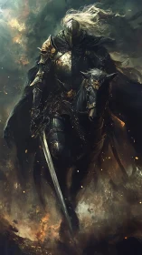 Dark armored knight rides warhorse through burning smoke