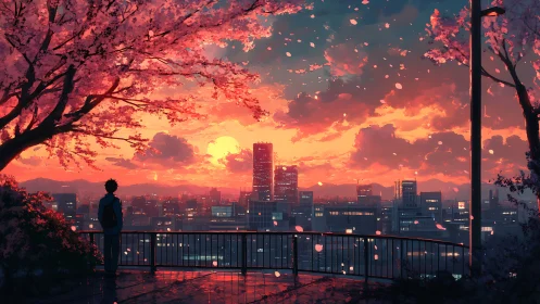 Solitary student observes neon city under cherry blossom dusk