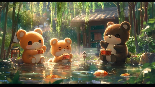Three cartoon bears share food beside a reflective pond