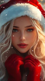 Digital close-up portrait of blonde woman in red Santa hat