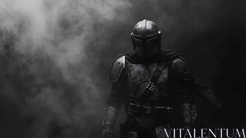 Armored sci fi warrior standing in smoke and shadow.