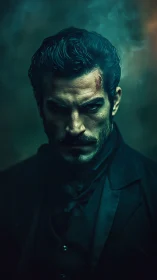 Brooding Victorian man glares through swirling teal smoke