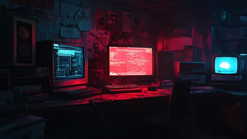 Moody retro hacker desk glowing with neon computer screens.