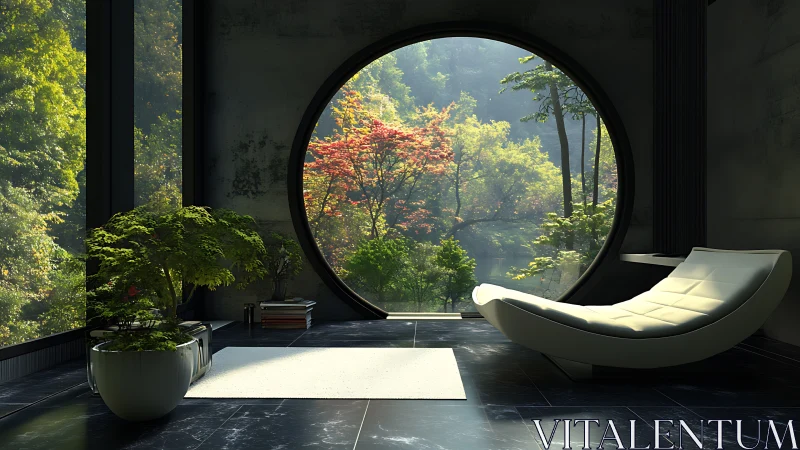 Minimalist lounge frames sunlit forest through circular window
