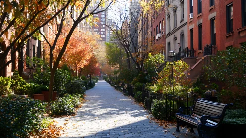Sunlit brownstone walkway wrapped in glowing autumn color.