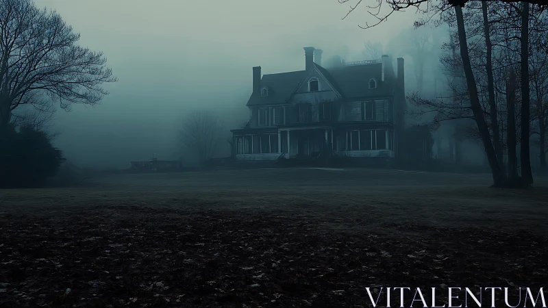 Large Victorian-style house stands in dense dawn fog