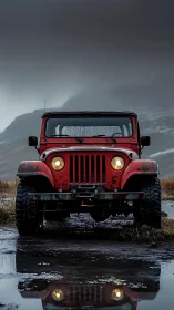 Weathered red off road jeep facing stormy mountain road.