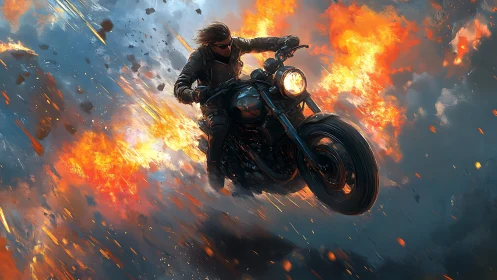 Motorcyclist moving through explosion in dynamic firestorm.