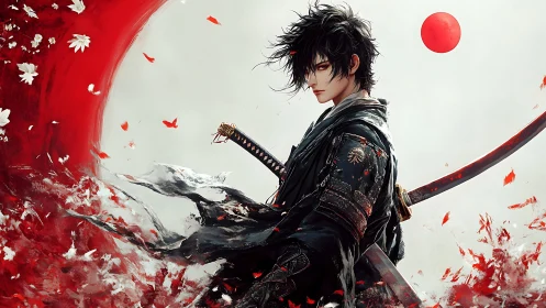 Samurai figure stands before abstract red circular field