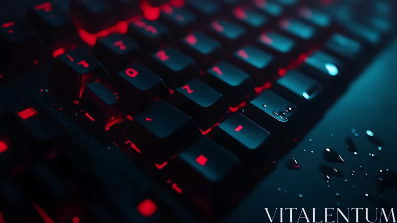 Mechanical gaming keyboard glows red under scattered water