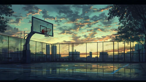 Anime urban court at dawn with reflective wet surface study.