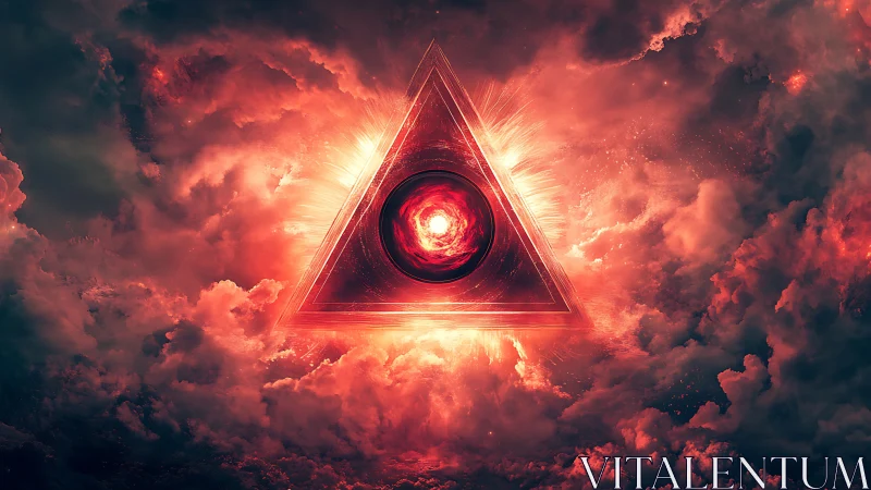 Triangular energy portal radiates within turbulent crimson clouds