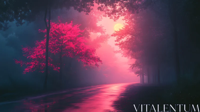 Neon Forest Path at Dawn with Pink Luminous Trees.