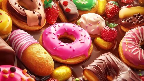 Assorted frosted donuts and pastries on chocolate background.