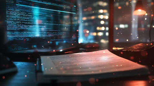 Code monitor and printed report under warm bokeh-lit workspace