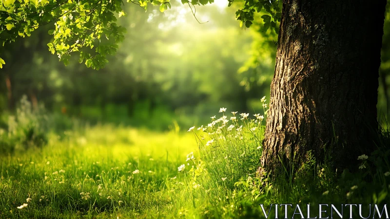 Sunlit Forest Meadow with Tree Trunk in Soft Focus Nature Style.