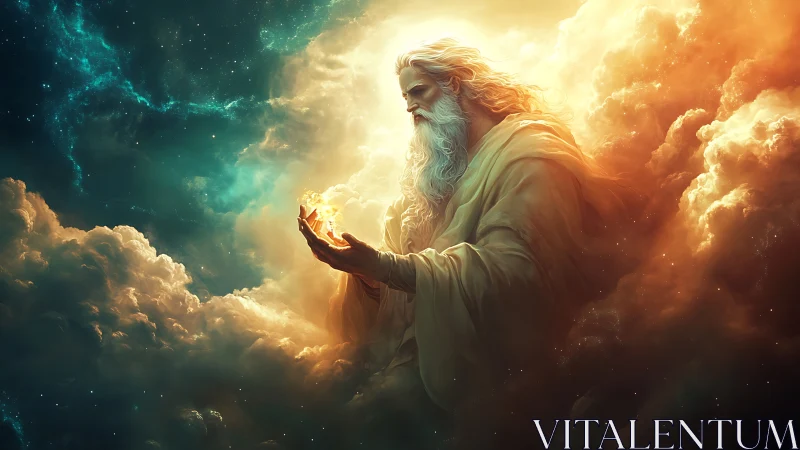 Ethereal creator cradles cosmic light in radiant clouds