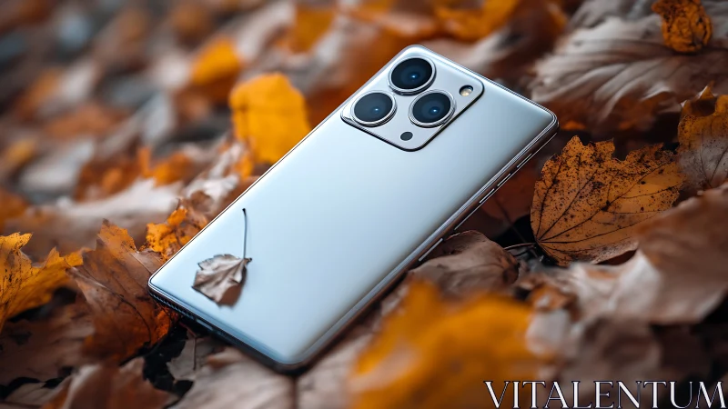 Sleek silver smartphone resting like treasure in autumn leaves.
